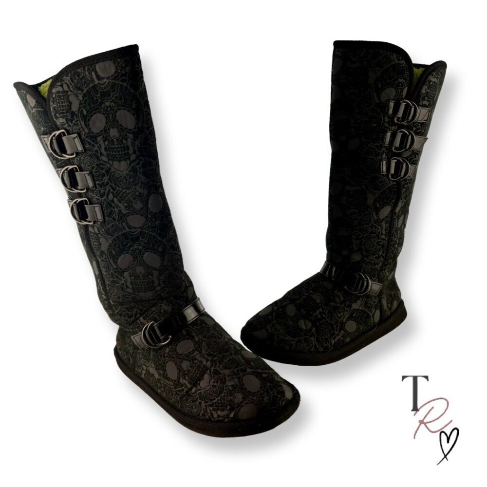Iron Fist Skull Gothcore Tall Slipper Boots Fleece Lined Black Gray Size 10